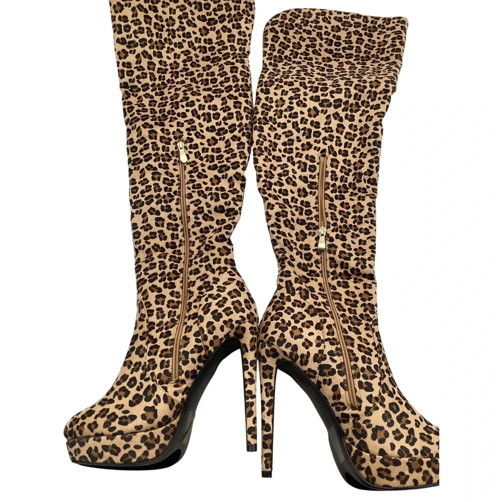 AmiClubwear Leopard Print Over The Knee Platform Stiletto Boots Brown Tan Sz‎ 10